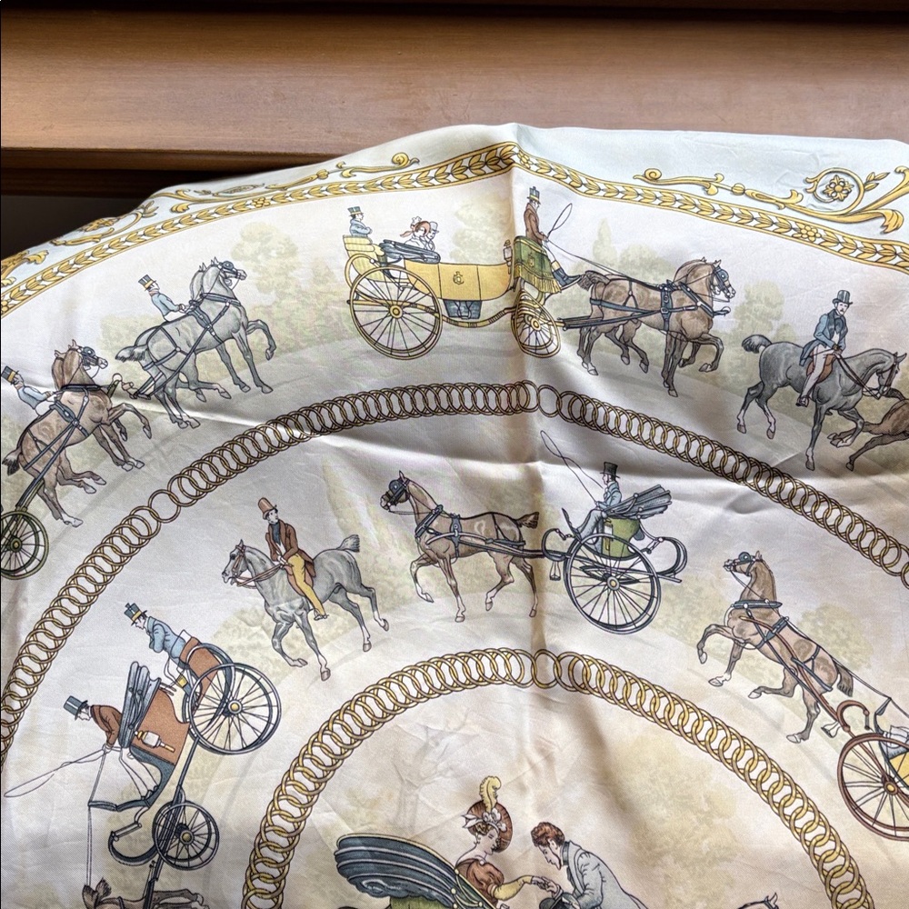 Hermes La Promenade de Longchamps Silk Scarf — Cream, Gold & Blue Accents - Picture 4 of 4